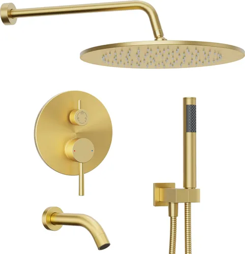 Vista 10 de Gabrylly Sistema de ducha de oro cepillado con válvula áspera, cabezal de ducha de lluvia de alta presión montado en la pared de 10 pulgadas