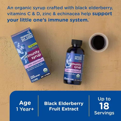 Vista 3 de Mommy's Bliss Jarabe de saúco orgánico y refuerzo de inmunidad con vitaminas, prebióticos y equinácea para niños y adultos de 1 año o más, 3 onzas