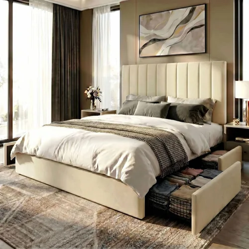 Vista 13 de SHA CERLIN Base de cama de plataforma tamaño matrimonial con 4 cajones de almacenamiento, cabecera acolchada vertical con diseño acanalado