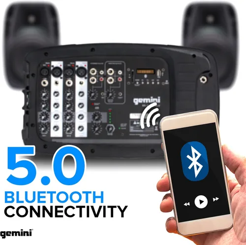Vista 7 de Gemini ES-210MXBLU con bluetooth, sistema PA portable con mezclador de alimentación desmontable. Dual 10" PA with tripod stands - 6-channel