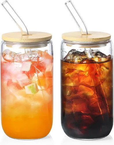 Vista 8 de NETANY Paquete de 1 Vasos de Vidrio con Tapas y Pajitas de Bambú de 16 onzas, Regalos para Mujeres, Juego de Vasos para Beber, Café Helado, Taza