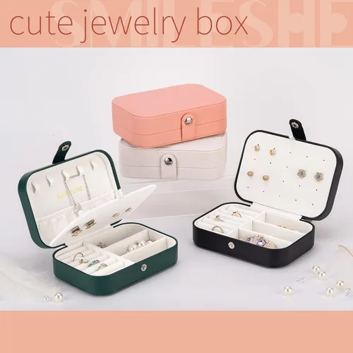 Vista 5 de Smileshe Joyero, estuche de viaje portátil pequeño de piel sintética, organizador de 2 capas, cajas de almacenamiento para anillos, aretes