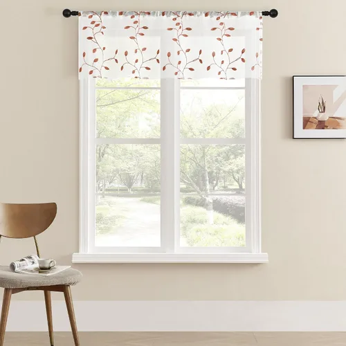 Vista 21 de MRTREES Cenefa de cortina transparente de Navidad, 2 paneles de cortinas bordadas con hojas pequeñas de 54 x 16 pulgadas, bolsillo para barra