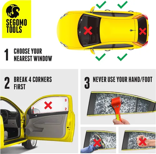 Vista 6 de Segomo Tools 2 martillos de seguridad de escape de emergencia con interruptor de ventana de coche y cortador de cinturón de seguridad - ESHM02