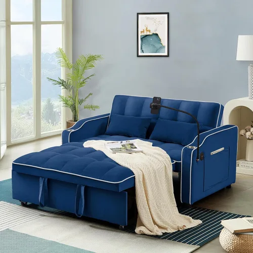 Vista 11 de Antetek Sofá cama con puerto USB y tipo C, moderno sofá biplaza convertible 3 en 1 de terciopelo extraíble con soporte para teléfono/portavasos