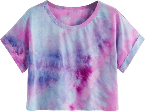 Vista 8 de SweatyRocks- Camiseta de manga corta Tie Dye para mujer Camiseta básica Crop Top Negro