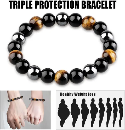 Vista 3 de HOZEAL Pulsera de triple protección, brazalete de obsidiana negra con ojo de tigre y hematita para hombres y mujeres para traer suerte