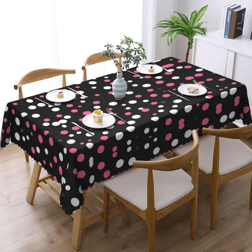 Vista 2 de Mantel rectangular de encaje de poliéster con lunares negros, 54 x 72 pulgadas, resistente a las arrugas, lavable, mantel grueso
