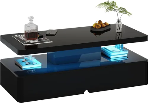 Vista 8 de MXV - Mesa de café moderna, mesas de café de 40 pulgadas con luces LED de 16 colores, mesa central rectangular de 2 niveles, gran espacio de 40