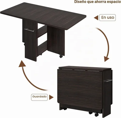 Vista 8 de IDEALHOUSE Mesa Plegable, Mesa de Comedor de Hoja Abatible con 6 Ruedas y Estante de Almacenamiento de 2 Niveles, Mesa de Ahorro de Espacio