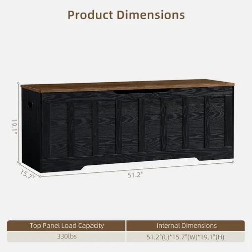 Vista 3 de VANKILEY 51.2" Storage Chest Extra Large,Wooden Storage Bench,Black+Brown