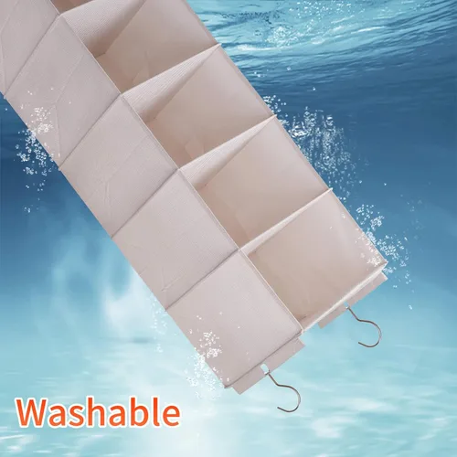 Vista 6 de Organizador colgante grande para suéteres para armario, con 6 estantes colgantes plegables y cajones, lavable (Beige - 5 estantes)