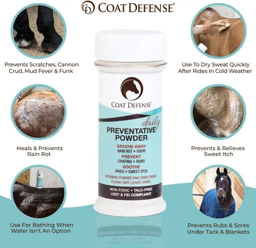 Vista 2 de Coat Defense Polvo preventivo diario y tratamiento de pudrición por lluvia para caballos Picazón dulce equino seguro y eficaz, piel funk, arañazos