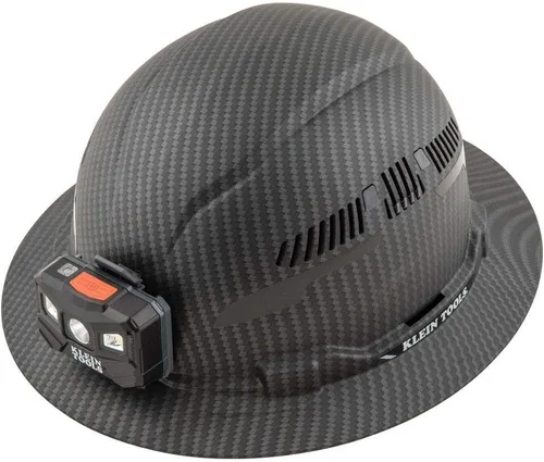 Vista 5 de Casco duro ventilado de ala completa con faro recargable blanco y casco duro 60347, ala completa ventilada, clase C, patrón KARBN premium, lámpara