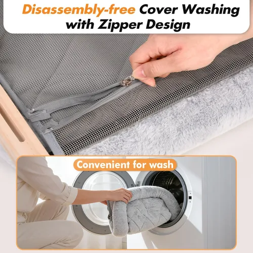 Vista 2 de AMOSIJOY Percha de Ventana para Gatos Sillón de Hamaca Robusto con Funda de Almohadón, Marco de Madera y Metal para Gatos Grandes, Cama de Gato Gris