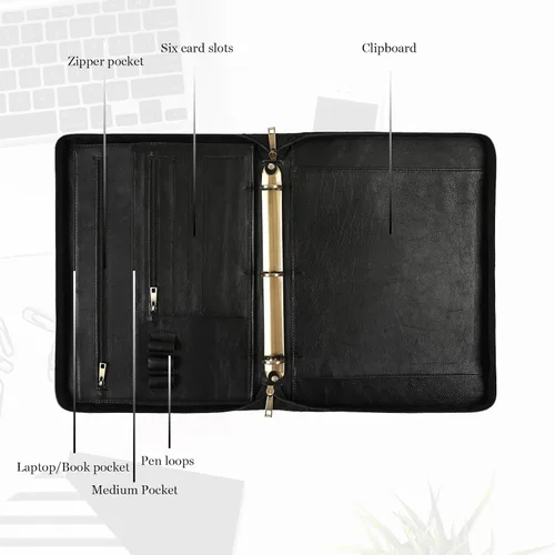 Vista 2 de Cartera de piel auténtica, carpeta de 3 anillas, organizador de padfolio de 11 x 14 pulgadas, carpeta profesional de negocios para hombres y mujeres