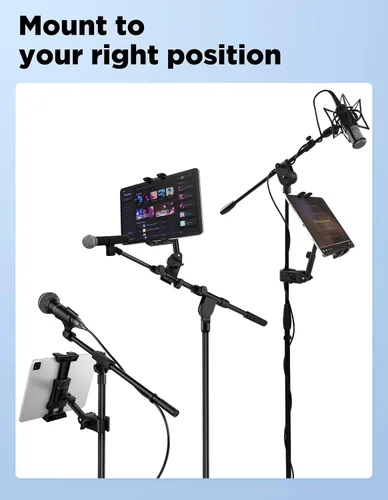 Vista 8 de Soporte para tablet para soporte de micrófono con clip de banco de energía, soporte ajustable para iPad/iPhone para soporte de música, compatible