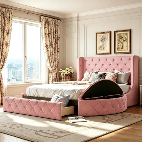 Vista 11 de SOFTSEA - Base de cama de tamaño queen de terciopelo con plataforma, base de cama tapizada con botones y cabecera de alas, 1 cajón grande y 2 Beige