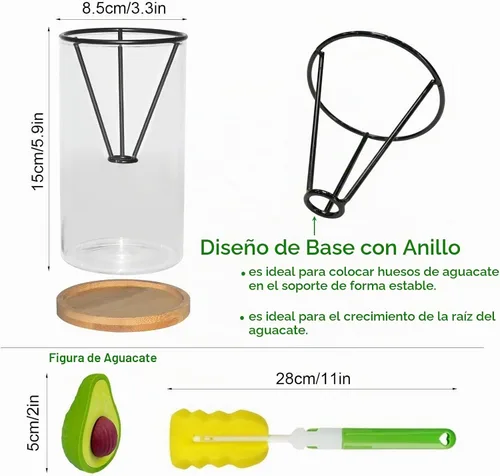 Vista 2 de Kit de cultivo de árbol de aguacate con cepillo para botellas, figura de aguacate, base de bambú, jarrón de iniciación de semillas de aguacate