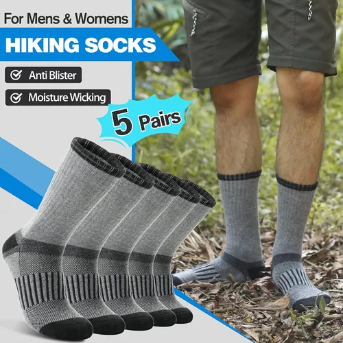 Vista 2 de 5 pares de calcetines de senderismo de lana merina, cálidos, térmicos, acogedores, acolchados, absorben la humedad, para mujeres y hombres