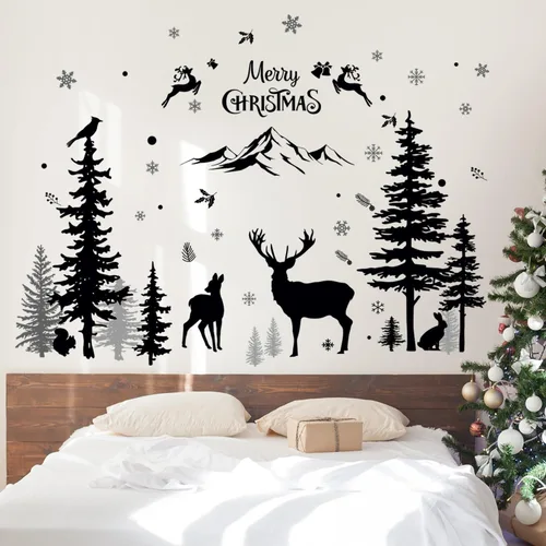 Vista 4 de Calcomanías de pared de Navidad, calcomanías de pared de animales del bosque de invierno, impermeable, montaña, bosque, ventanas, calcomanías