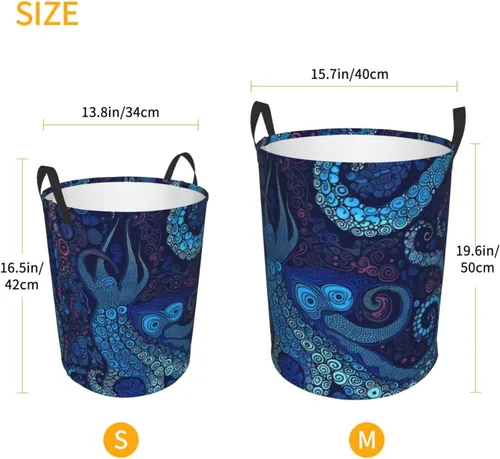 Vista 5 de Cesta circular con estampado de pulpo azul, impermeable, cesta organizadora de lavandería, con asas, para ropa, juguetes, pequeña