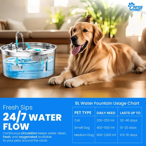 Vista 7 de Fuente de agua para perros de acero inoxidable, dispensador de agua automático grande de 8 litros para gatos, perros y otras mascotas, fuente