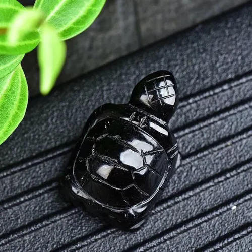 Vista 8 de HOMSFOU Estatua de tortuga de cristal, figura de tortuga de obsidiana negra, escultura natural tallada a mano, escultura de animal coleccionable