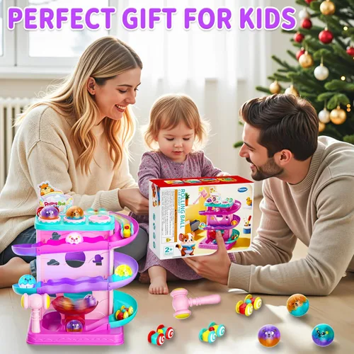 Vista 6 de Funwee Pista de bola rodante y coche de carreras de 2 en 1 para niños pequeños, pista de carreras con luz martillo y bola de caída, juego