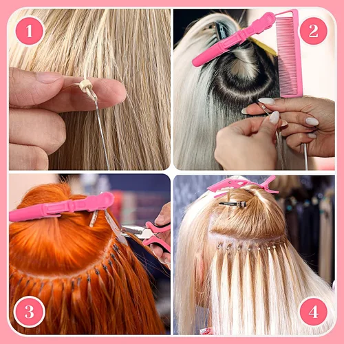 Vista 5 de Kit de herramientas de extensión de cabello de 16 piezas, alicates para quitar 2500 anillos de micro silicona, gancho para tirar de cuentas, aguja