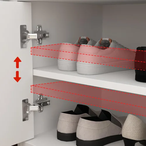 Vista 6 de ECACAD Banco de almacenamiento de zapatos de 2 niveles con asiento acolchado, 2 puertas y 4 compartimentos de almacenamiento, banco de madera