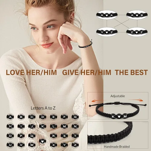 Vista 2 de Pulseras con iniciales para mujer, hombres, regalos para novia, novio, pulseras con letras "I Love You", regalos para ella, él, mejor amigo, regalo