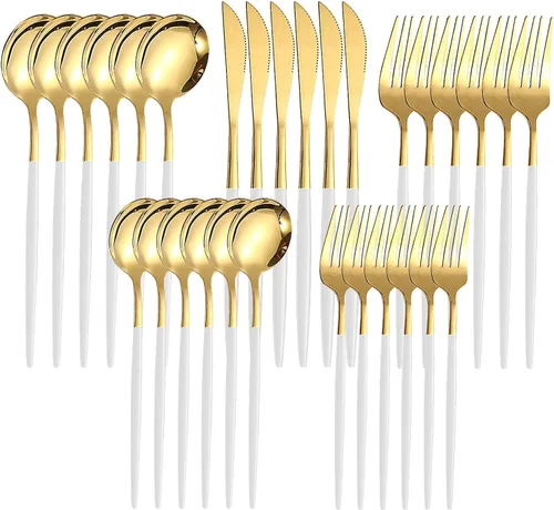 Vista 10 de Kawlity Cubiertos de acero inoxidable duraderos negros y dorados pulidos, cucharas, tenedores, 30 piezas, utensilios de mesa, para cocina