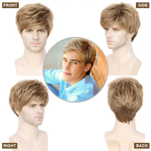 Vista 3 de Creamily Peluca marrón para hombre, disfraz de pelo corto, estilo cosplay marrón (Brown-1)