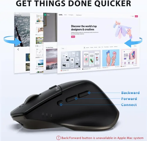 Vista 5 de iClever Ratón inalámbrico con Bluetooth o receptor USB, 5 niveles de DPI ajustables hasta 2400DPI, ratón recargable para computadora, ratón