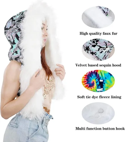 Vista 6 de Sombrero de lentejuelas Furry-Faux-Fur-Hoodie-Magic-Bling-Bufanda-Sombreros Cosplay-Rave-Dance-Party-Hoods Halloween-Christmas-Evento-Festival-Caps