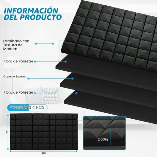 Vista 6 de 4 paneles acústicos, paneles de espuma a prueba de sonido de 48 x 24 x 2 pulgadas para paredes, resistentes al fuego y absorción de ruido para negro