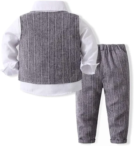 Vista 2 de Abolai Conjunto de caballero de 4 piezas para bebé con camisa, corbatín, chaleco y pantalón a rayas verticales