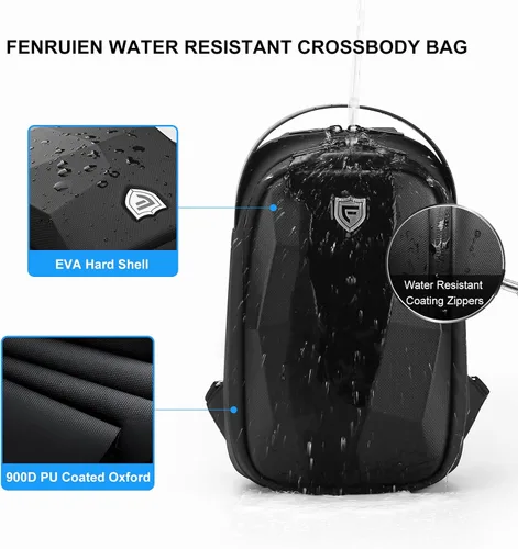 Vista 4 de FENRUIEN Bolsa rígida para hombre, mochila cruzada resistente al agua con puerto USB, bolsa de pecho negra para viajesuso diario, Negro -, Mochilas