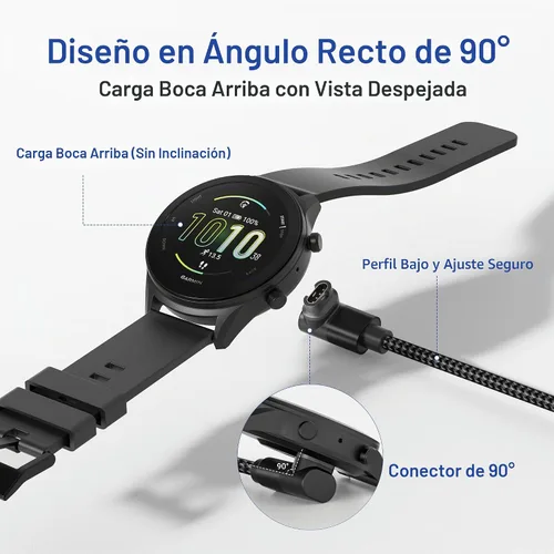 Vista 5 de Itramax Cable de carga 2 en 1 para Garmin Watch Cable de alimentación de 4 Ángulo - Negro
