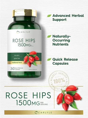 Vista 3 de Carlyle Rose Hips 1500 mg 240 cápsulas de liberación rápida Suplemento herbario sin OMG y sin gluten