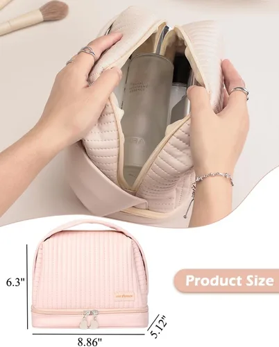 Vista 2 de Bolsa de cosméticos para mujer, bolsa de aseo con un compartimento separado, bolsa de maquillaje de viaje con soporte para cepillos extraíble Rosa