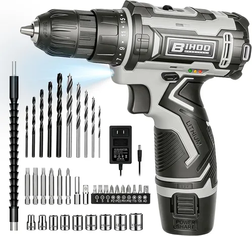 Vista 12 de Juego de Taladro Inalámbrico 12V, Kit de Taladro con Batería y Portabrocas sin Llave de 3/8 Pulgadas, 2 Velocidades Variables y 43 Piezas de Brocas