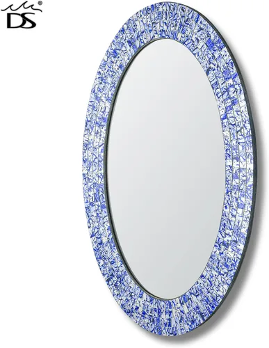 Vista 5 de Espejo decorativo tradicional de mosaico – 32 x 24 pulgadas de forma ovalada colgante azul espejo de pared