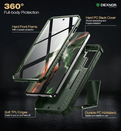Vista 6 de Dexnor Funda para Samsung Galaxy S21 FE, [protector de pantalla y soporte integrados] Protección de grado militar resistente a prueba de golpes
