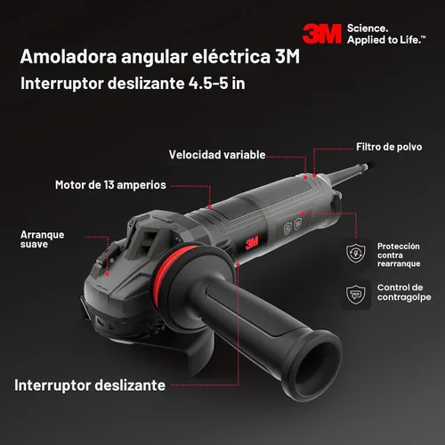 Vista 4 de Amoladora angular eléctrica 3M, 11130, VS, interruptor deslizante de 4.5-5 pulgadas, 13 amperios, 120V, para corte, esmerilado, pulido y eliminación