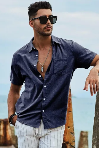 Vista 71 de JMIERR Camisas de vestir a rayas con botones y manga corta para hombre