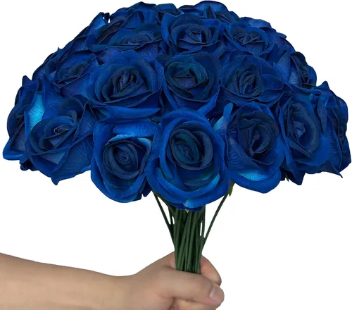 Vista 3 de FagusHome 30 piezas de rosas artificiales de seda a granel, flores falsas, cabezas de rosas con tallos para decoración del hogar y boda (azul oscuro)
