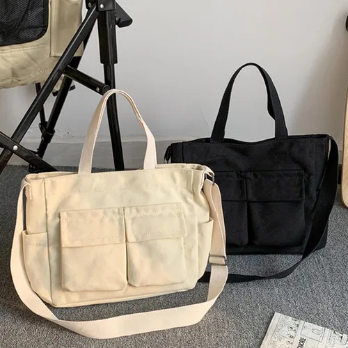 Vista 7 de Bolso bandolera de lona para mujeres y hombres, bolso de hombro grande con múltiples bolsillos, bolsa de lona, bolsa casual estética