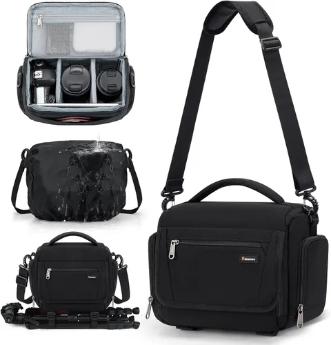 Vista 11 de RAINSMORE - Bolsa para cámara, estuche para cámara SLR/DSLR/sin espejo con divisor, soporte para trípode, bolsa cruzada impermeable digital